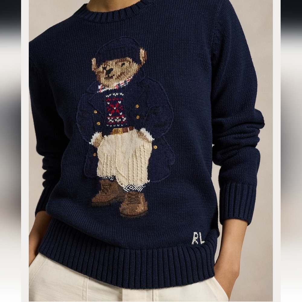 Ralph Lauren Polo Bear Cotton Crewneck Sweater In Size Large Hunter Navy Multi - Picture 4 of 7